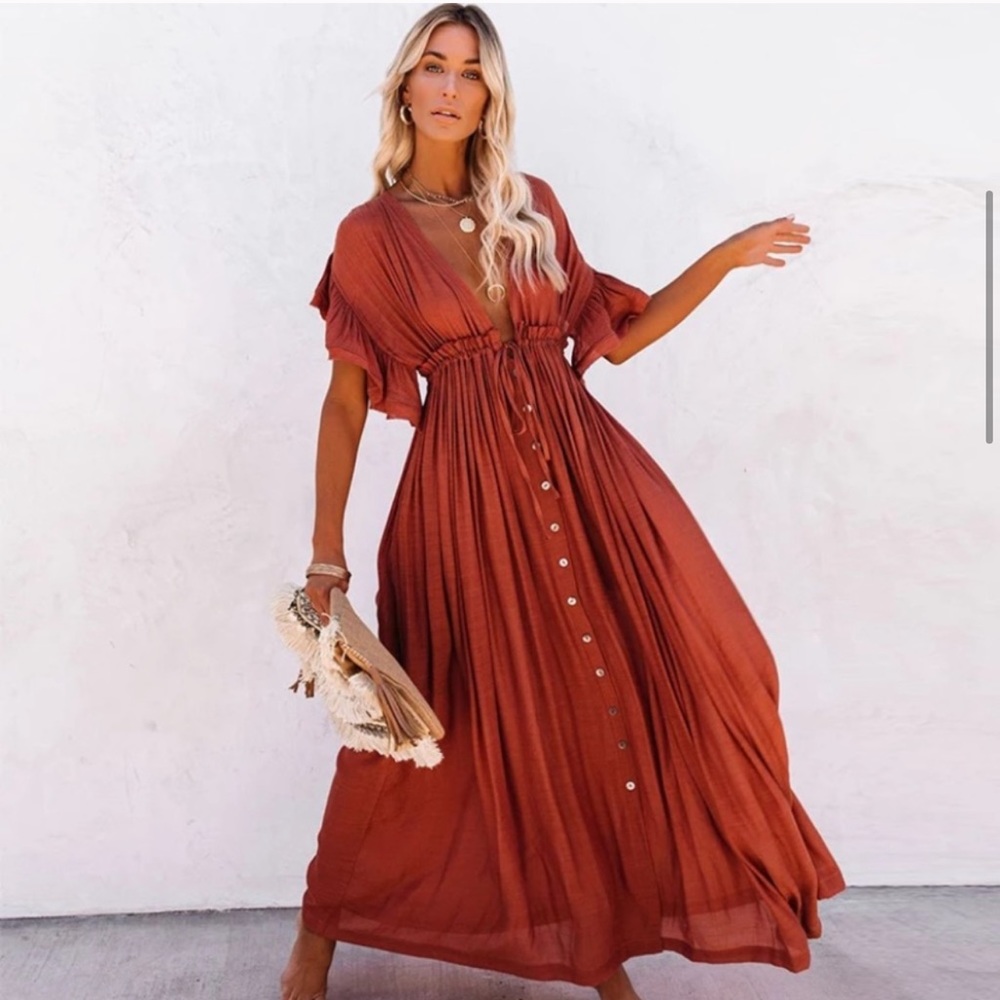 Red Boho Gauze Boho Button Flutter Maxi Dress - Picture 4 of 8
